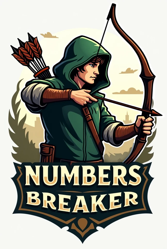 make me a logo with a picture of robinhood holding an arrow with the text underneath "NUMBERS BREAKER"