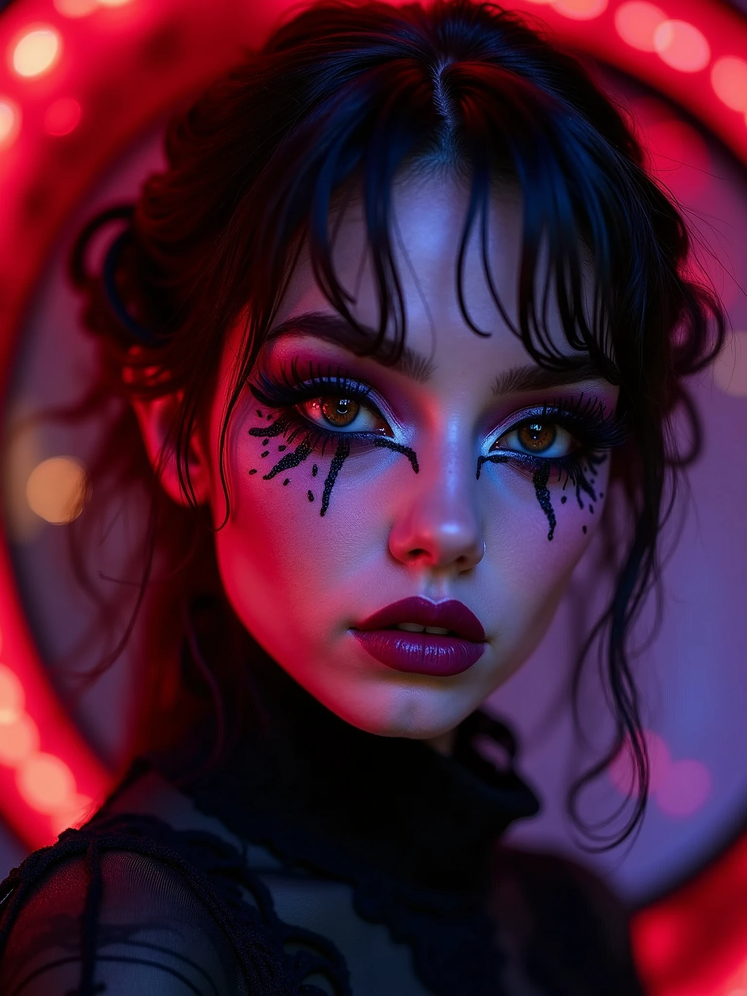 a close up of a person with makeup, dark fantasy background, circural, in a halloween style, images on the sales website, red and purple palette, intriguing volume flutter, freak show, symmetric beauty, manga style, black and red colour palette