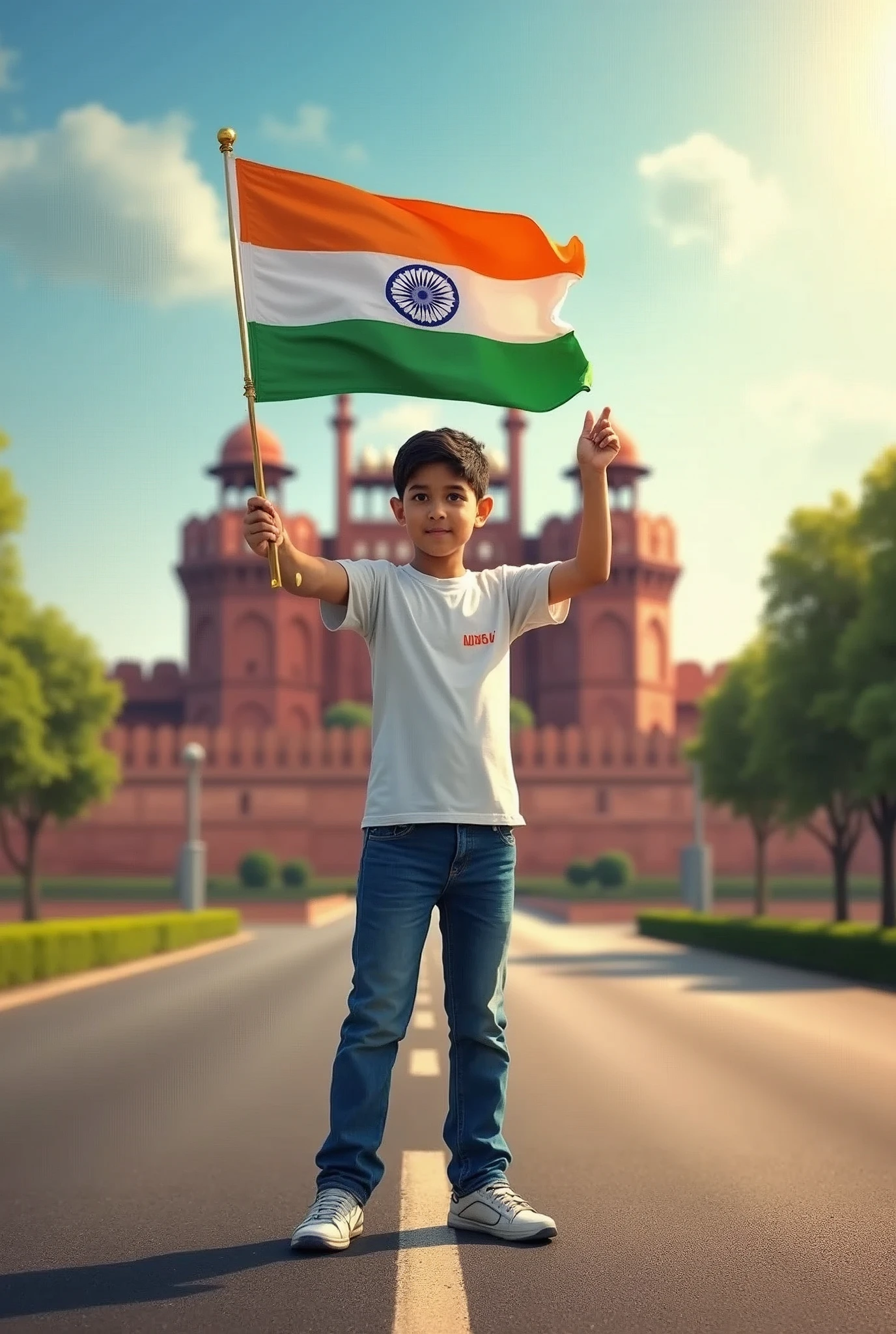 Generate a Realistic  boy, Wearing White T shirt blue jeans sneakers and the name  affan "Your Name" is written on his t-shirt and the boy is standing on the road with holding a national flag of India, and behind him is the Red Fort Delhi. And written on sky "Independence Day" Create Realistic image high quality