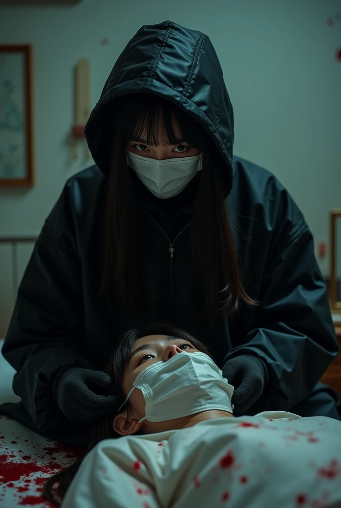 korean girl, (behind crying corpse, holding knife), black surgical mask, black gloves, room full of blood, black raincoat, trucker hat, holding knife, black gloves, woman on top, behind multiple corpse, blood splatter, on the bed, looking at viewer, mass murderer, killer, long bangs, blood splatter, dark atmosphere, cinematic lighting, atmospheric realistic, light from the window, close-up,
