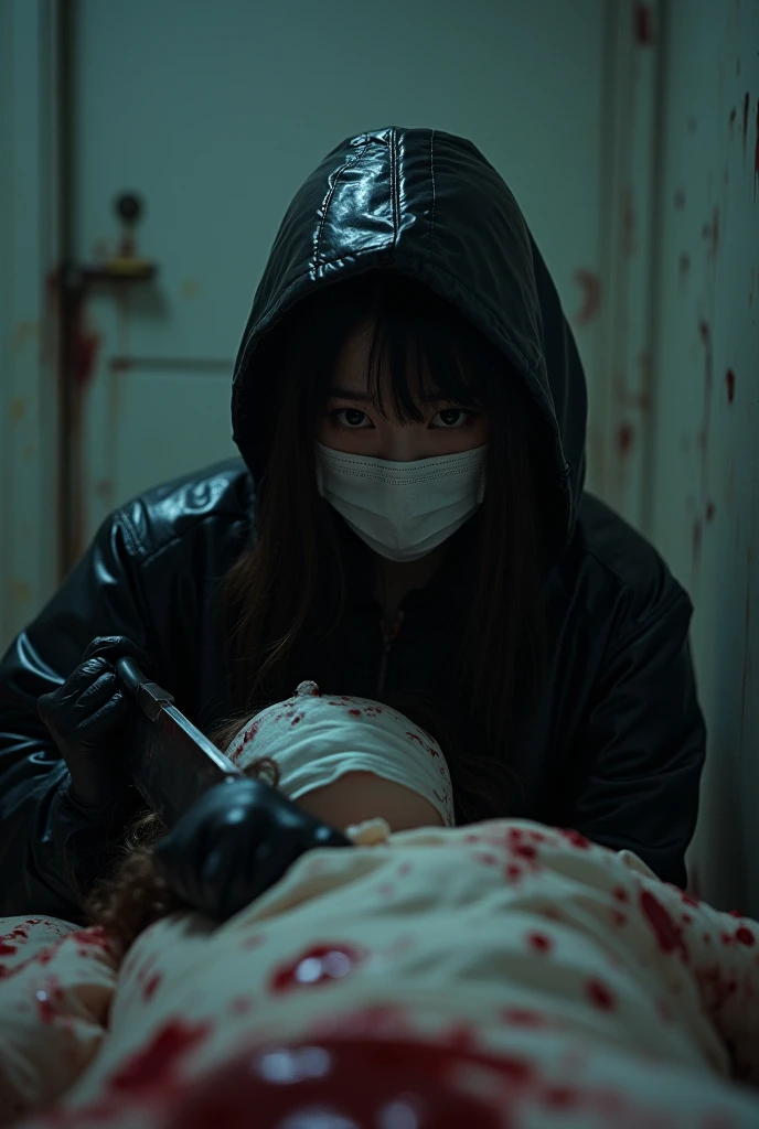 korean girl, (behind corpse, surgical mask), holding knife, stabbing, black gloves, room full of blood, black raincoat, plump, hood up, holding knife, black gloves, behind corpse, looking at viewer, blood splatter, bondage, long bangs, bed room, black wet suit, night, mass murderer, killer, robbery, dark atmosphere, cinematic lighting, atmospheric realistic, bondage, torture chamber, close-up,