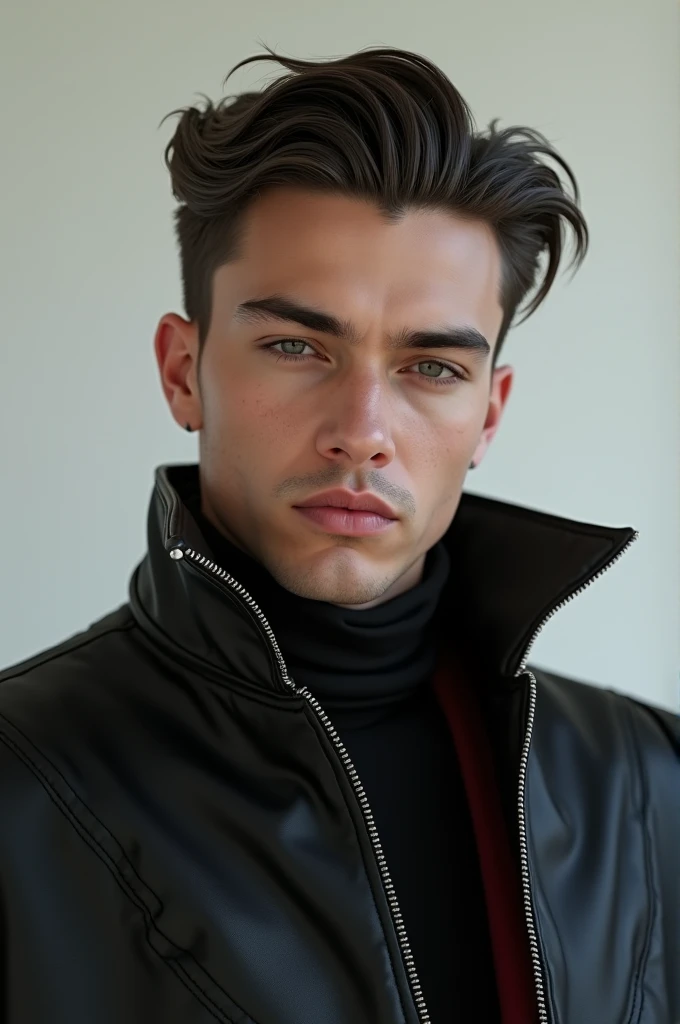 Center part, young handsome man, shoulder pads, short cape