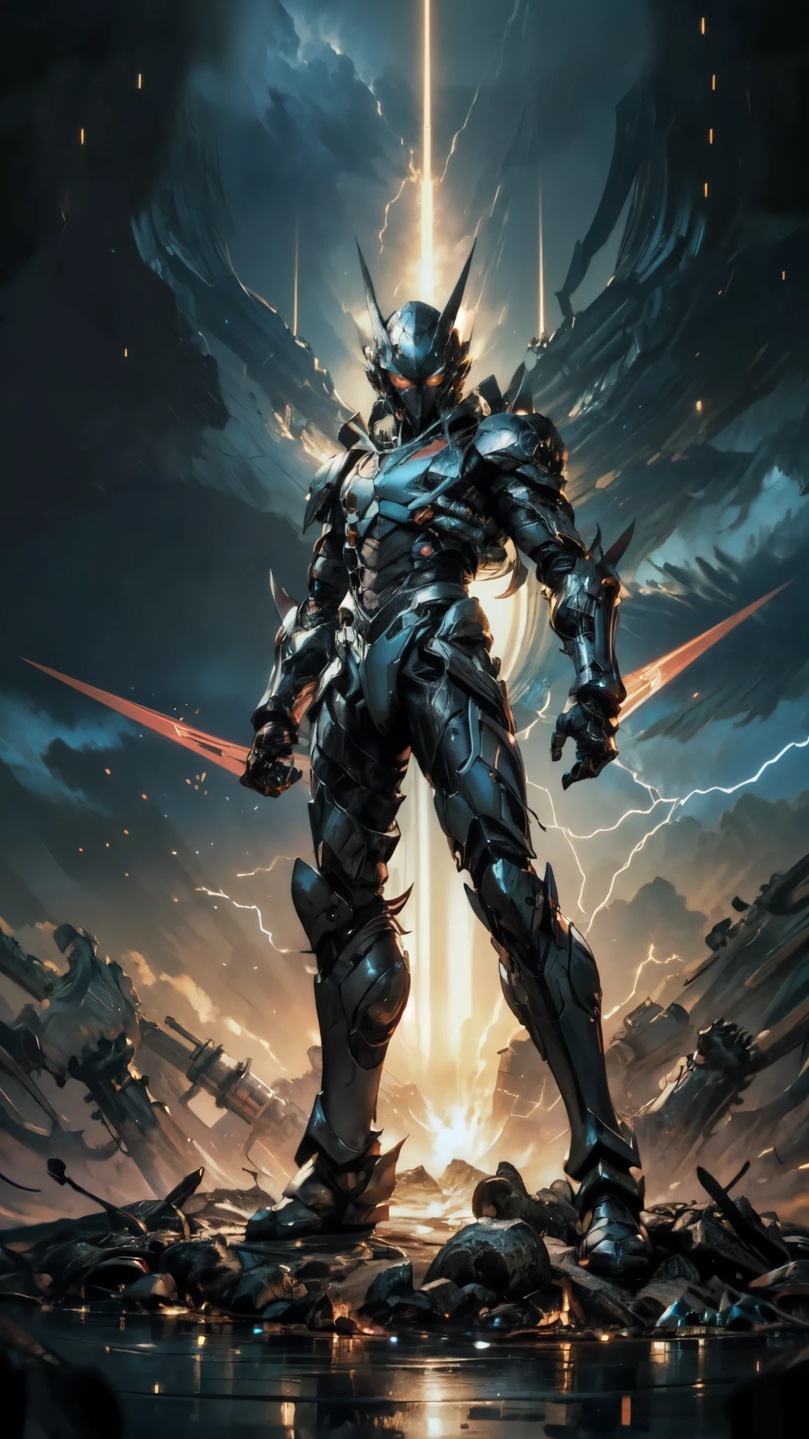 (masterpiece:1.5, best quality:1.5, extremely delicate:1.5), a man wearing a full-face helmet, a fantasy-style biotech armored combat suit, green eyes, (a composite layered chest armor), fully enclosed shoulder guards, matching arm and leg guards, belt of Neon circuit, (the color scheme is primarily blue with red and black accents), the design balances heavy with agility, a high-tech bio-mecha armor, (Armor Concept Inspired by neon Cyberpunk, stand on the top of a skyscraper in a futuristic sci-fi city), this character embodies a finely crafted fantasy-surreal style armored hero in anime style, exquisite and mature manga art style, (element, plasma, energy, the armor glows), ((male:1.5)), metallic, high definition, highres, ultra-detailed, ultra-fine painting, professional, perfect body proportions, golden ratio, anatomically correct, symmetrical face, extremely detailed eyes and face, high quality eyes, creativity, RAW photo, UHD, 32k, Natural light, cinematic lighting, masterpiece-anatomy-perfect