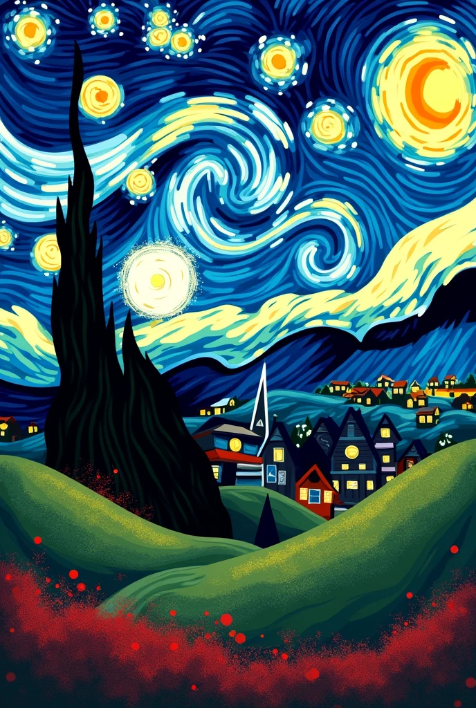 Vector of Starry night painting by van Gogh in green and red color inspired by Bangladesh