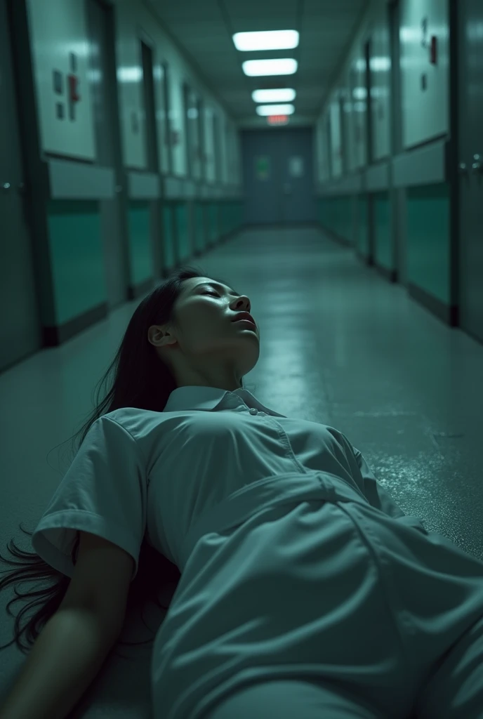 (photorealistic), a realistic and haunting image of a (dramatic) corpse, featuring a korean nurse laying down on floor of the hospital setting,wearing a korean nurse uniform, expressing a sense of tragedy. Her eyes are rolled back, creating a chilling atmosphere. The dimly lit background enhances the somber mood, with muted colors adding depth to the scene, including subtle shadows and highlights for an ultra-detailed presentation,full body photo.