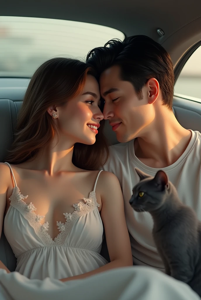 Woman with white skin, long brown hair with brown eyes and nice smile sitting next to a man with white skin black hair and fit, the two sitting in a car, and a gray cat