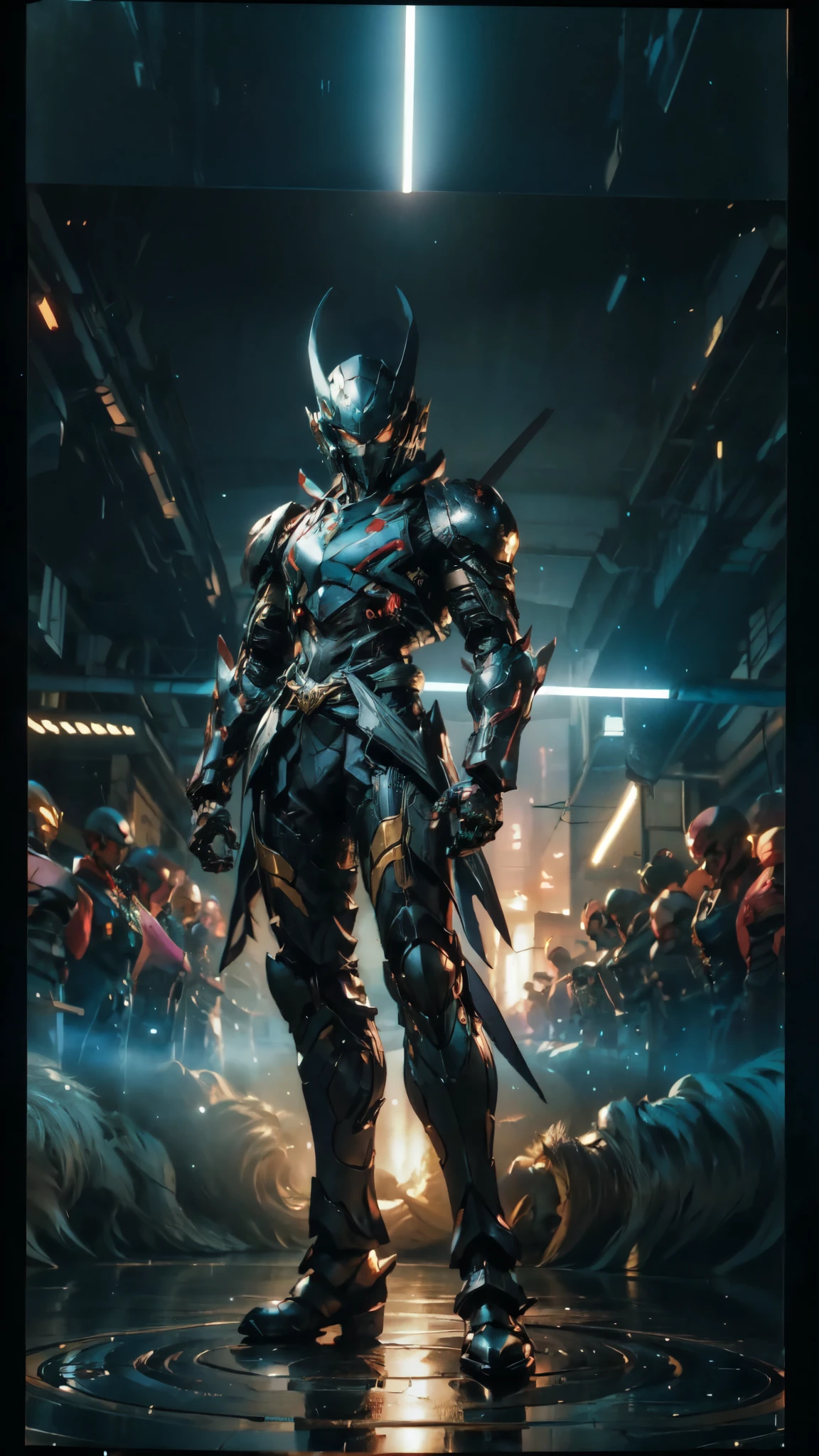 (masterpiece:1.5, best quality:1.5, extremely delicate:1.5), a man wearing a full-face helmet, a fantasy-style biotech armored combat suit, green eyes, (a composite layered chest armor), fully enclosed shoulder guards, matching arm and leg guards, belt of Neon circuit, (the color scheme is primarily blue with red and black accents), the design balances heavy with agility, a high-tech bio-mecha armor, (Armor Concept Inspired by neon Cyberpunk, stand on the top of a skyscraper in a futuristic sci-fi city), this character embodies a finely crafted fantasy-surreal style armored hero in anime style, exquisite and mature manga art style, (element, plasma, energy, the armor glows), ((male:1.5)), metallic, high definition, highres, ultra-detailed, ultra-fine painting, professional, perfect body proportions, golden ratio, anatomically correct, symmetrical face, extremely detailed eyes and face, high quality eyes, creativity, RAW photo, UHD, 32k, Natural light, cinematic lighting, masterpiece-anatomy-perfect