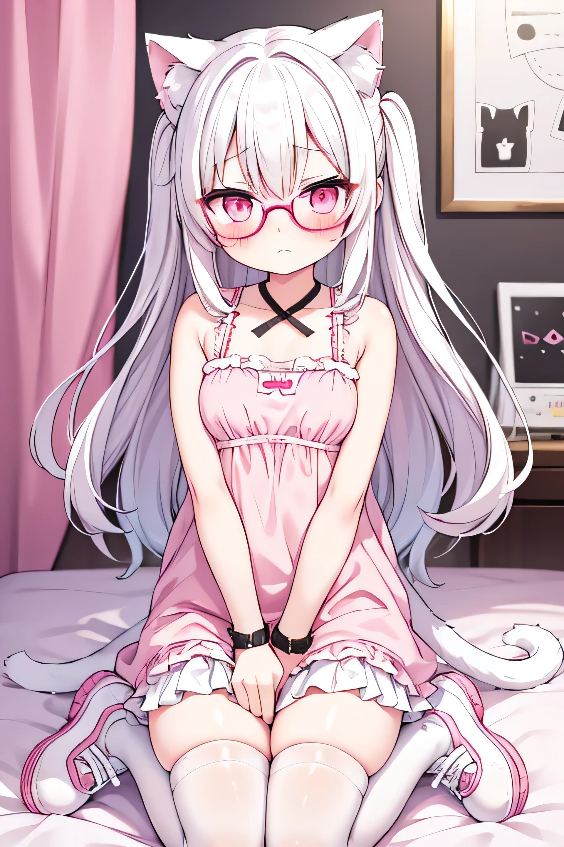 that she has a shy face, that she has white hair, cat ears, black glasses, pink eyes, a super blush, a pink nightgown, pink underwear, white stockings, black Vans tennis shoes and that she is a super reserved girl who is in her room