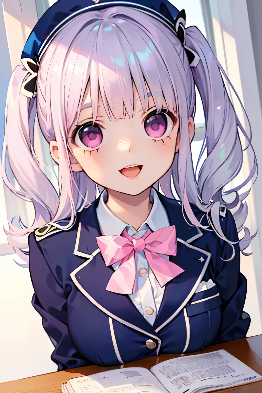 beautiful cute girl,(Bluelight silver hair:1.2),,(pink eyes:1.2),((school costume:1.2)),((stripe blazer uniform:1.2)),(open your mouth:1.1),smile,close-up Face,(study:1.1),(study room:1.1).