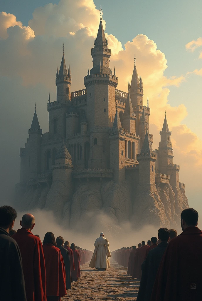 The Pope stands on the castle，There are many believers under the castle