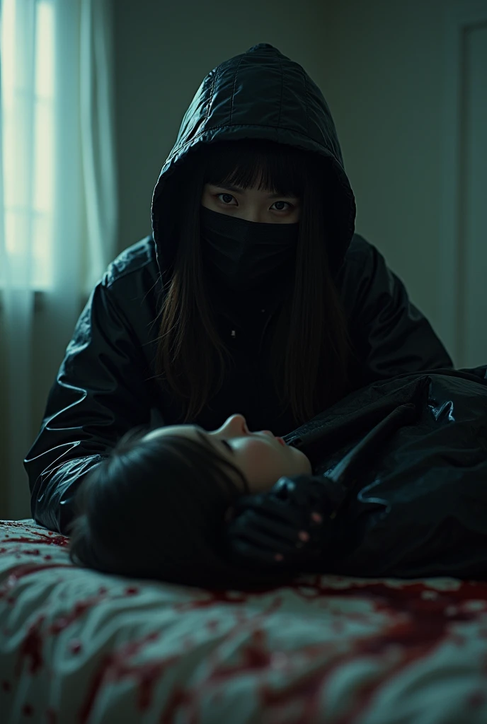 korean girl, (behind corpse, balaclava), holding knife, stabbing, black gloves, room full of blood, black raincoat, plump, hood up, holding knife, black gloves, behind corpse, looking at viewer, blood splatter, bondage, long bangs, bed room, black wet suit, night, mass murderer, killer, robbery, dark atmosphere, cinematic lighting, atmospheric realistic, light from the window close-up,