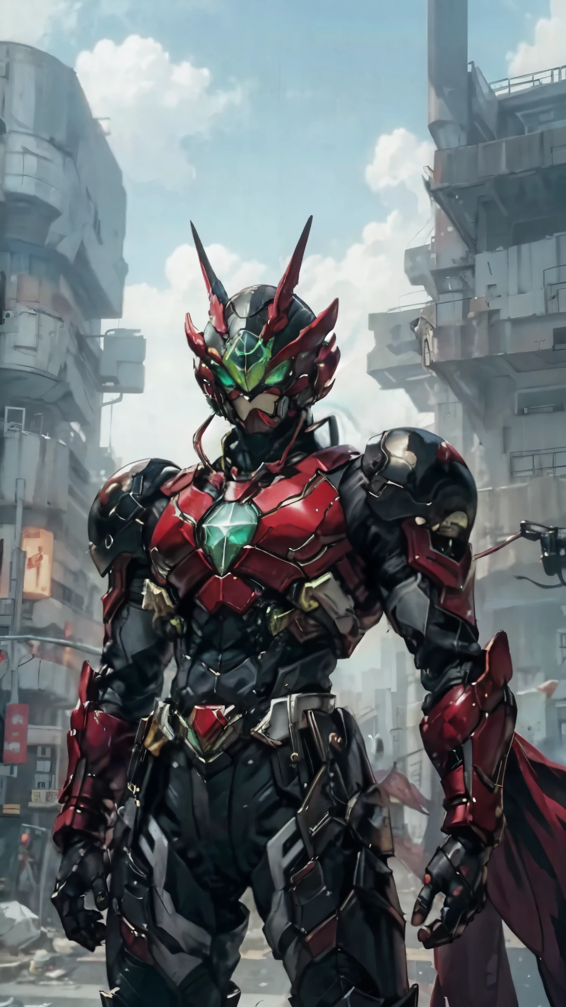 (masterpiece:1.5, best quality:1.5, extremely delicate:1.5, superhero pose:1.5), a man wearing a full-face helmet, a fantasy-style biotech armored combat suit, green eyes, (a composite layered chest armor), fully enclosed shoulder guards, matching arm and leg guards, belt of Neon circuit, (the color scheme is primarily black with green and red accents), the design balances heavy with agility, a high-tech bio-mecha armor, (Armor Concept Inspired by neon Cyberpunk, stand on the top of a skyscraper in a futuristic sci-fi city), this character embodies a finely crafted fantasy-surreal style armored hero in anime style, exquisite and mature manga art style, (element, plasma, energy, the armor glows), ((male:1.5)), metallic, high definition, highres, ultra-detailed, ultra-fine painting, professional, perfect body proportions, golden ratio, anatomically correct, symmetrical face, extremely detailed eyes and face, high quality eyes, creativity, RAW photo, UHD, 32k, Natural light, cinematic lighting, masterpiece-anatomy-perfect