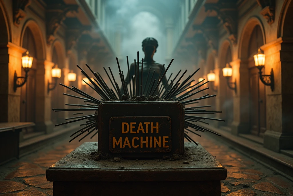 (photo:1.2) of a museum display showcasing a machine to torture men. Long rusty metal spikes were used to pierce the bodies. The machine is a kind of sarcophagus and has the silhouette of a human being with open arms. (A weathered sign pleads "DEATH MACHINE"). Masterpiece, best quality, 8K, photo realistic, wallpaper, wallpaper 8k, photographic contest winner, Hyperrealistic art cinematic film still photography in the style of detailed hyperrealism photoshoot. [Entire scene is surrounded by lights, evoking a magical and eerie atmosphere. The lighting is bright and atmospheric, with smoke adding a touch of sinister ambiance. Best quality image, HDR enhancement, showcasing the utmost level of detail and realism]. [8K, Best Quality, Ultra High Resolution, (highly detailed CG unity 8k wallpaper), (best photo), (best shadows), isometric 3D, octane rendering, ray tracing, highly detailed, (Best quality, 4K, 8k:1.2), absurdity, ultra detailed, (realistic, photorealistic, photorealistic:1.37), complex parts, HDR, (complex parts:1.12), (hyper detailed, hyper realistic, Soft lighting, spicy:1.2), (complex parts, Hyper detailed:1.15). Blurred foreground. (backlit), masterpiece, high quality, brightness, chromatic aberration, foggy smoke, shadows, contrast, clear sky, (warm hue, warm tone), high details, natural reflections].
