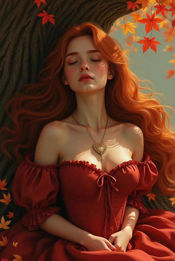 Olena: A 20-year-old with long, flowing reddish-brown hair that cascades down her back, and deep hazel eyes. She wears a modest, elegant gown reminiscent of Red Riding Hood's dress, with a fitted bodice and a flowing skirt. Though poised, she carries an air of vulnerability, as if caught between worlds.

Composition: Olena is sleeping peacefully under a large maple tree. The tree's red and gold leaves gently rustle in the breeze, with sunlight filtering through to cast soft shadows on her. She lies on a bed of fallen leaves, her hands resting on her chest, where the heart-shaped pendant of her necklace is visible. Her expression is calm and serene, as if lost in a dream.