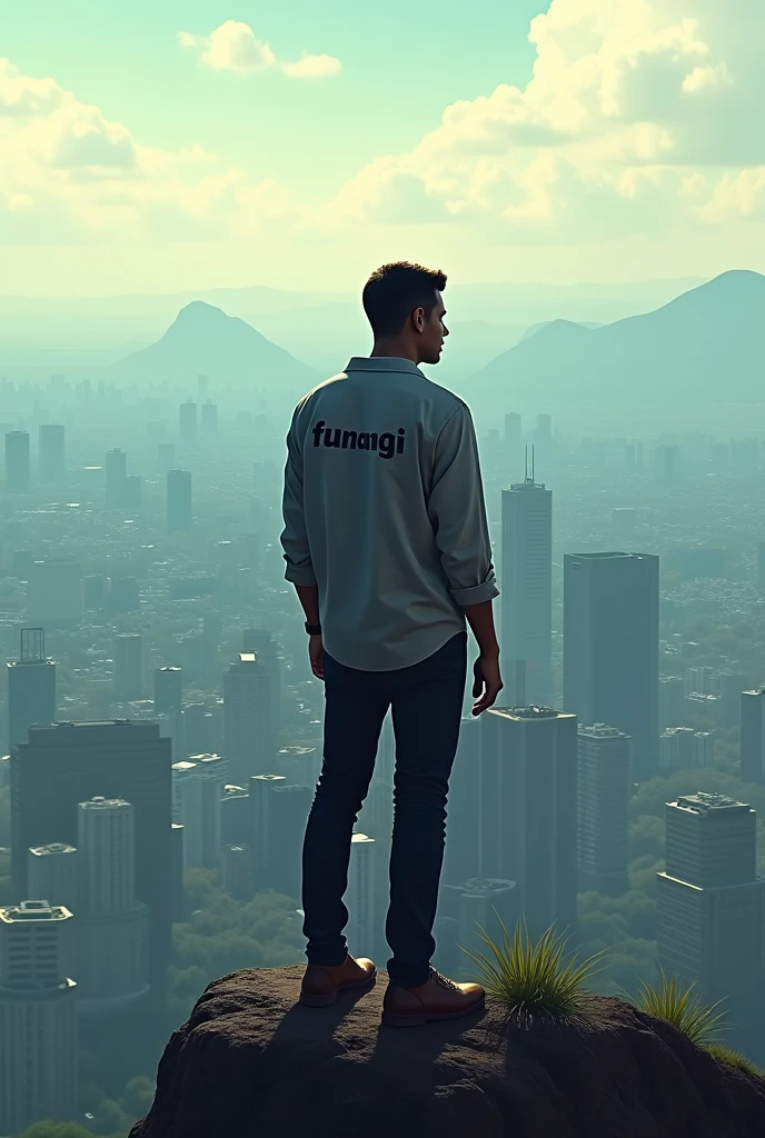 A man is standing on a city hill and on his shirt is the word funangi.
