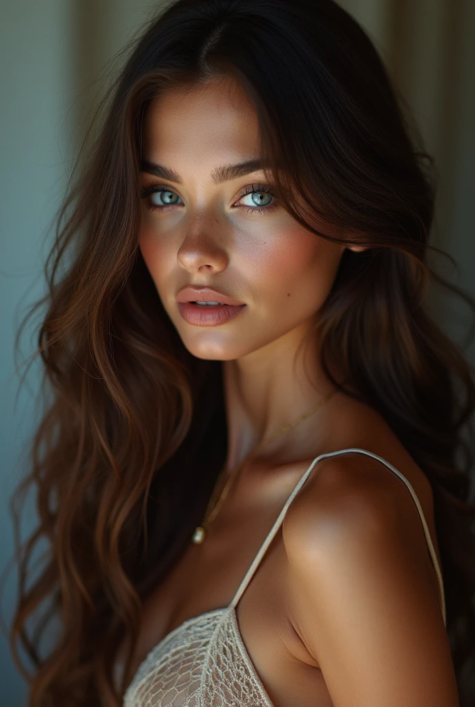 a digital influencer, beautiful young woman, photorealistic, studio lighting, elegant pose, stylish outfit, long wavy hair, striking blue eyes, intricate makeup, confident expression, natural skin tones, detailed facial features, high fashion, glowing skin, radiant lighting, dynamic composition, cinematic mood, dramatic shadows, vibrant colors, editorial style, editorial photography