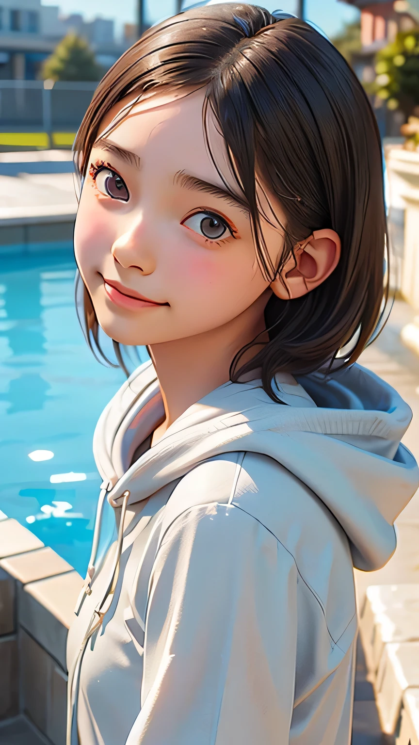 Highest quality、Realistic、girl、、zoom、Orange eyes、Black Hair、Light Blue Hoodie、White lender、Small breasts、An inappropriate smile、Pool、Bust Shot、