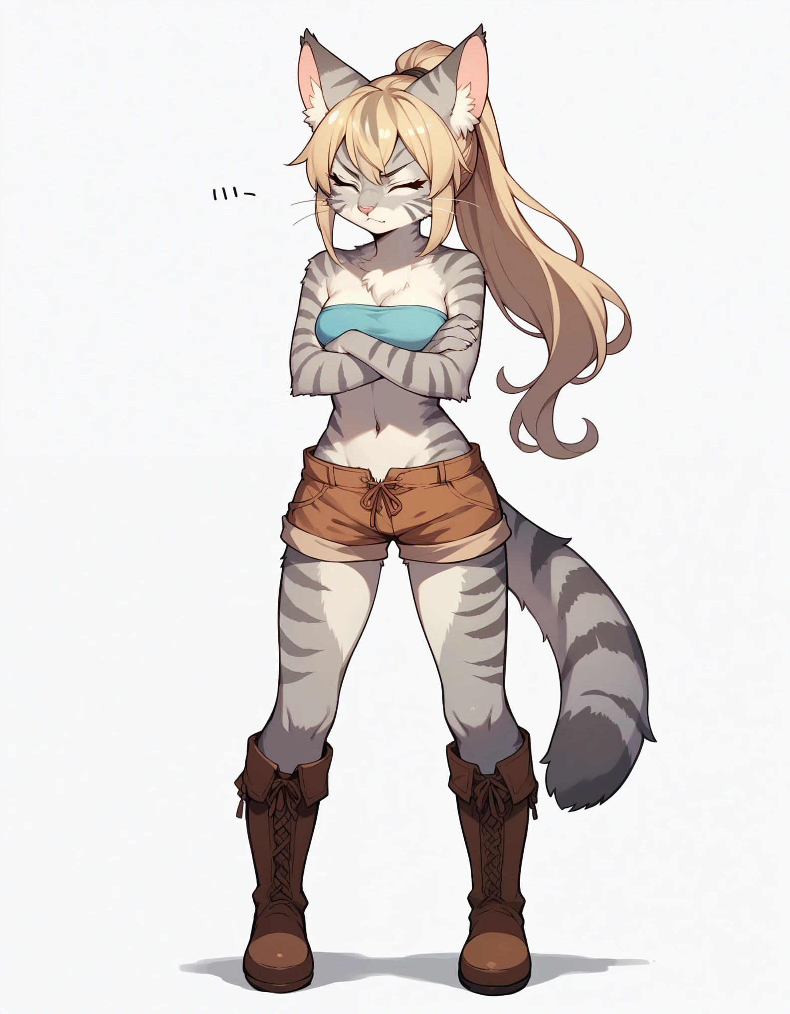 score_9,score_8_up,score_7_up, score_6_up, score_5_up, source_anime, kemono style, Kat, female Anthro furry feline, silver fur, grey stripes on body, closed eyes, long blonde hair, hair in a ponytail, pink nose, :3, she is wearing blue bandeau, brown short shorts, brown boots, arms crossed, annoyed expression, pouting, head facing away, head turned away, standing, (full body shot):1.3, front view, white background