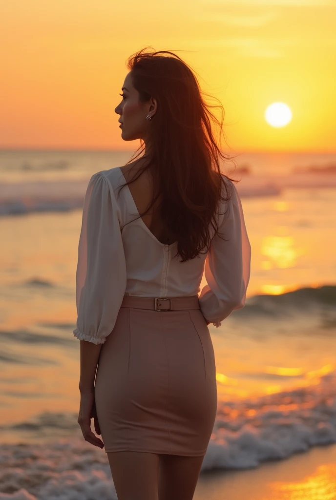 Woman looking at the sea、A woman standing on the beach watching the sunset、Written boundary depth、Soft orange light illuminating a woman、((Thick waist))、Skin Texture、That person is obvious、Nostalgic atmosphere、One woman standing、light makeup、Clear images、Attractive woman、Flowing silhouette、woman wearing a blouse and Tight Skirt、Symmetrical blouse, Tight Skirt, Thin belt、Elegant materials and design、One small earring in each ear、Sophisticated style、Hair swaying in the wind