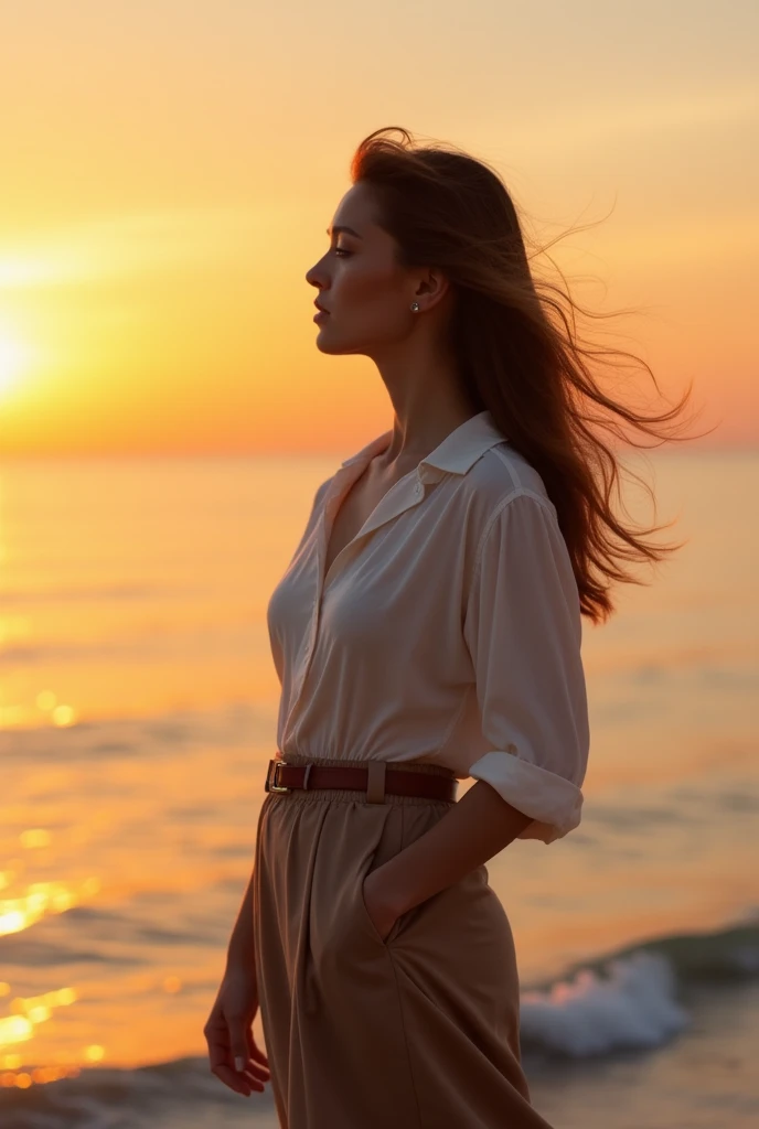 Woman looking at the sea、A woman standing on the beach watching the sunset、Written boundary depth、Soft orange light illuminating a woman、((Thick waist))、Skin Texture、That person is obvious、Nostalgic atmosphere、One woman standing、light makeup、Clear images、Attractive woman、Flowing silhouette、woman wearing a blouse and Tight Skirt、Symmetrical blouse, Tight Skirt, Thin belt、Elegant materials and design、One small earring in each ear、Sophisticated style、Hair swaying in the wind