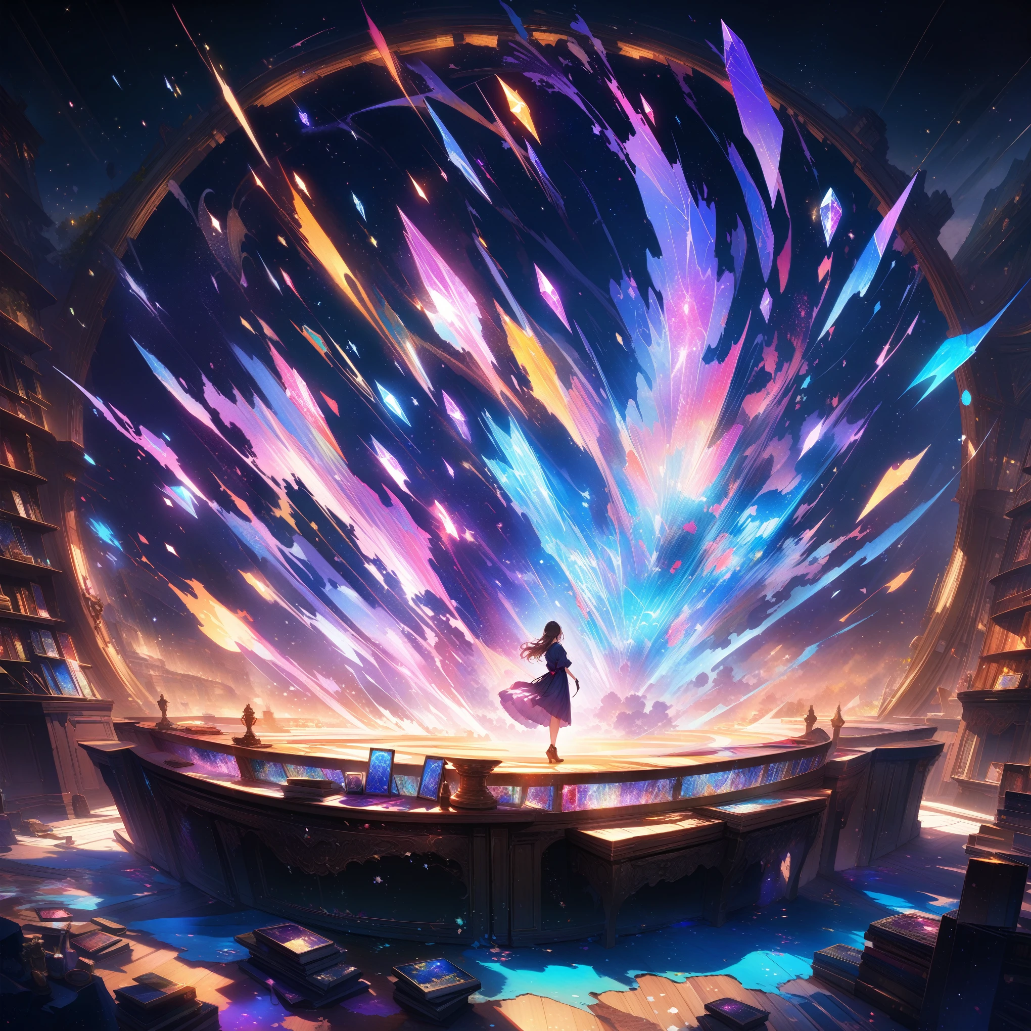 A girl is dancing acrobatically in the starry sky, surrounded by constellations, on black background, white stars and lines forming constellations around her silhouette, light art installation style, high resolution, dreamy effect, fantastic scenery, minimalist design. --ar 3:4 --niji 6, A vibrant, detailed digital painting of an enchanted room filled with magical blue and purple crystal objects, tarot cards, amulets, runes on the walls, shelves, tables, couches, windows, magical artifacts like glowing crystals, ornate wooden furniture. The color scheme is vivid and striking, creating a dreamy atmosphere. colorful illustrations, highly detailed, high resolution, natural lighting, sharp focus, highly detailed illustration, high definition, in the style of octane rendering, hyper realistic. --ar 3:4 --niji 6, (((japanese style))), ((32k)), ((best quality)), ((ultra high res)), ((HDR)), ((UHD)), ((extremely detailed CG)), ((unity 32k wallpaper)), ((illustration)),