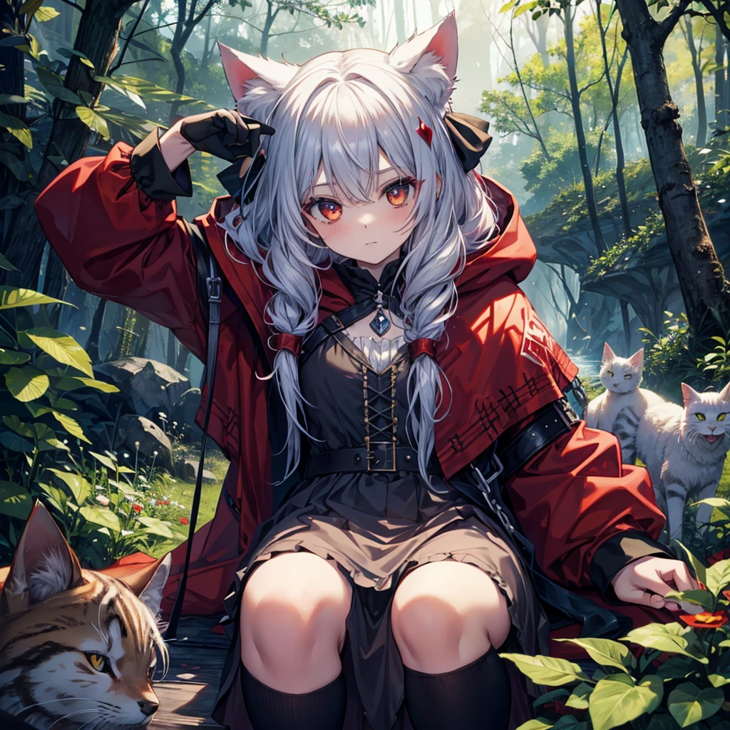 {{{wonderland, grim}}}, four girls, forest, wolf, red hood, cat, (alice, faily tales, dwarf, queen)
