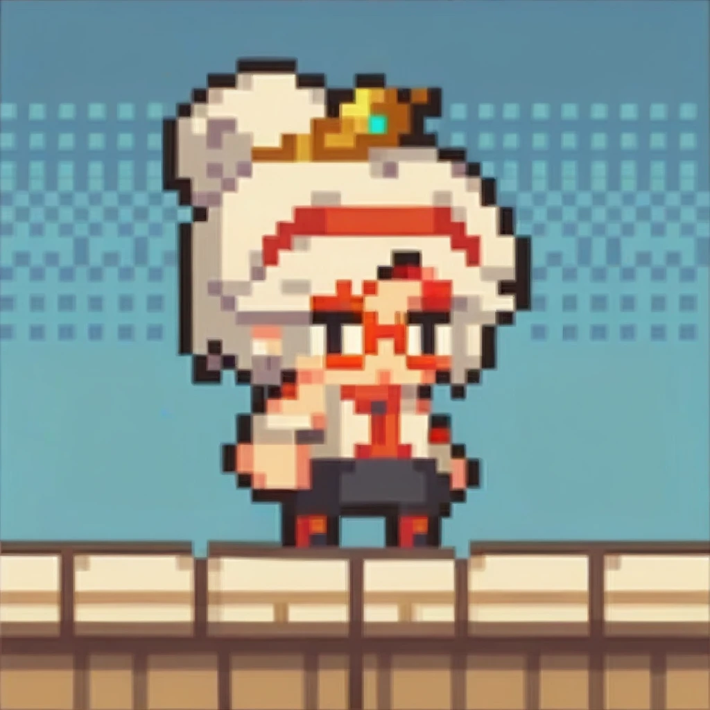 score_9, score_8_up, score_7_up, score_6_up BREAK solo, chibi, pixel art, full body  purah,hair ornament, red headband, red glasses, sleeveless shirt, white coat, black skirt, red leggings, high heels  