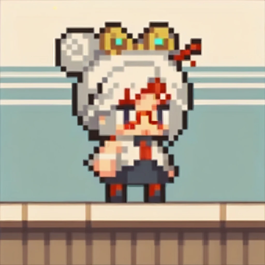 score_9, score_8_up, score_7_up, score_6_up BREAK solo, chibi, pixel art, full body  purah,hair ornament, red headband, red glasses, sleeveless shirt, white coat, black skirt, red leggings, high heels  