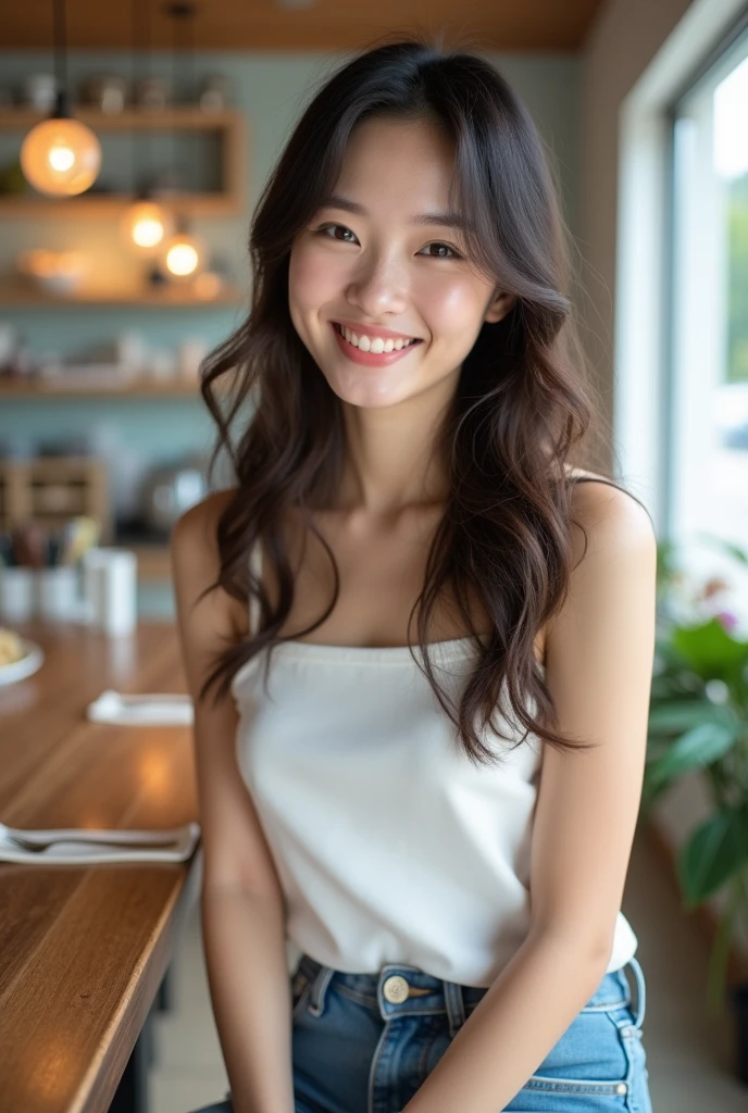 Ultra-high resolution,photograph,Highest quality,photographのようなHighest quality,Japanese,Beauty,woman,beautiful girl,Freshman,Age 25,Beautiful Face,Cute Face,Smile,Beautiful Hair,,Fair skin,Beautiful legs,Beautiful thighs,full body,White sleeveless,Skinny jeans,Beautiful arms,Open Cafe