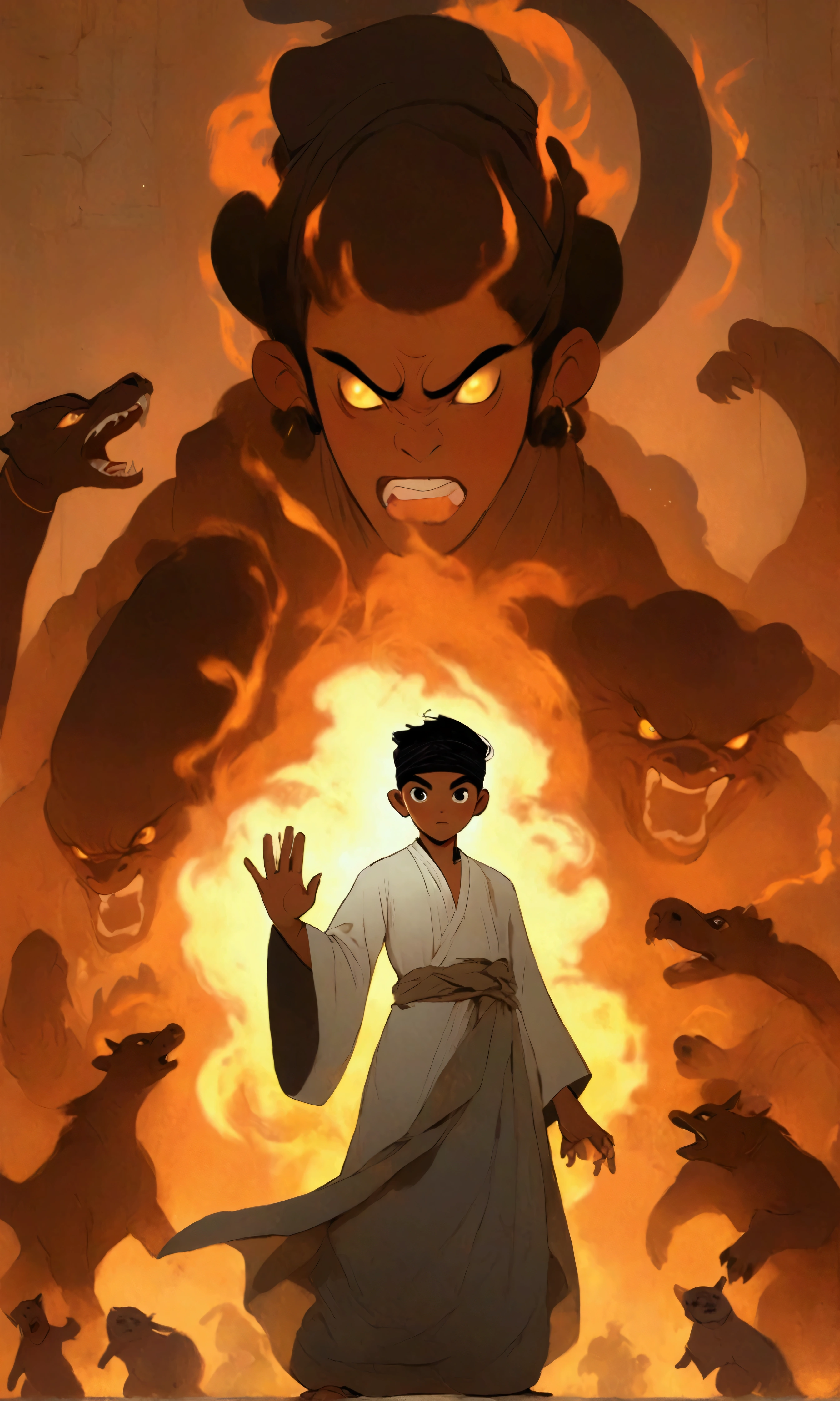 A young handsome Indonesian boy in white arabic jubah, wear turban, stands in the center, unleashing a dark aura from his mind. The aura forms terrifying creatures with sharp claws and glowing eyes. The boy strikes a dramatic and dynamic pose, with one arm raised and the other extended forward, holding arabic book, as if commanding the creatures. The hand unleash a magic fire. The scene is dark and cinematic, with dramatic lighting and shadows highlighting the boy and the creatures. 
