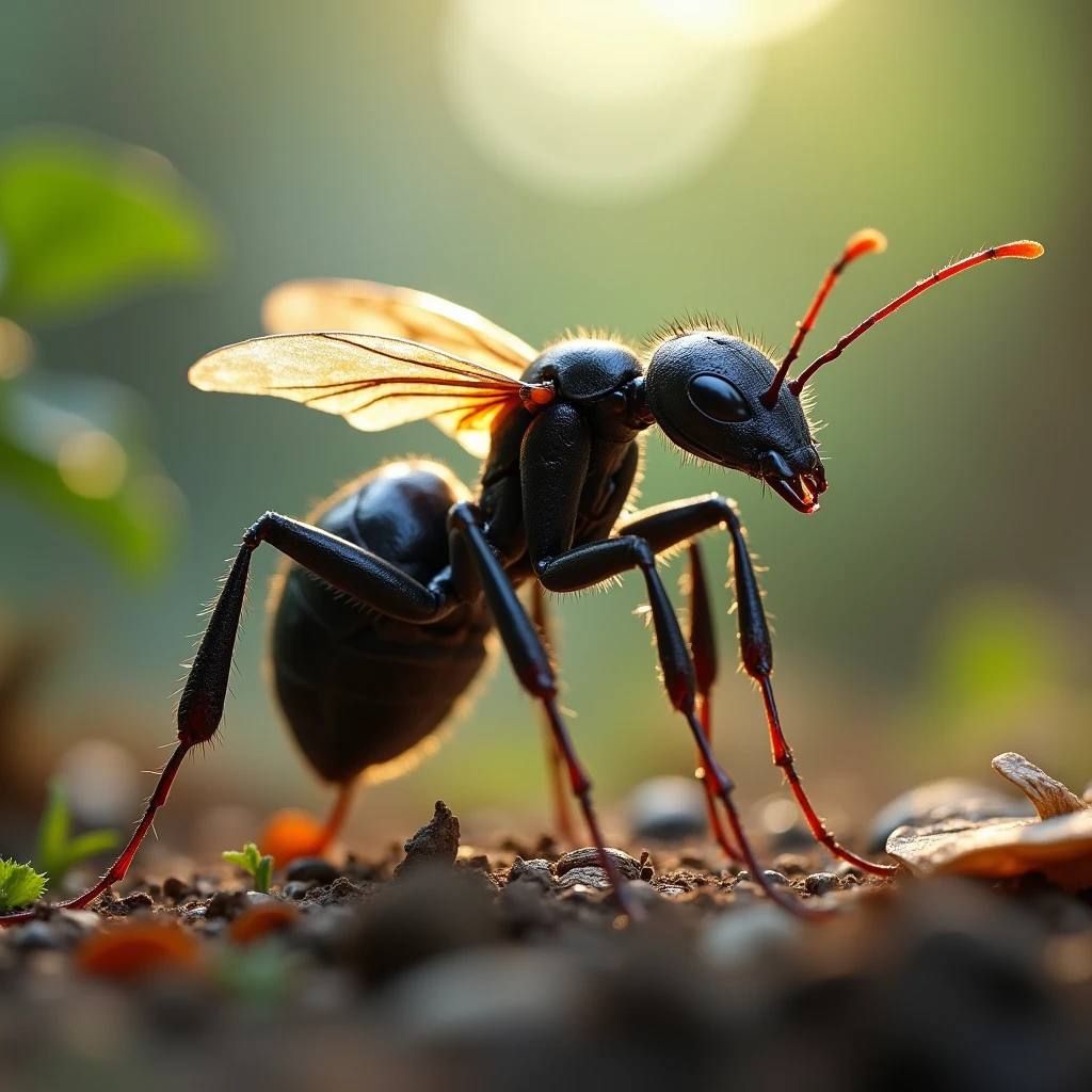 "A tiny, industrious ant with a sleek, shiny black exoskeleton that glistens in the sunlight. Its segmented body is composed of a series of intricately patterned segments, with delicate, translucent wings folded neatly on its back. The ant’s legs are long and spindly, moving with remarkable precision as it navigates through a bustling, miniature world. Its antennae twitch constantly, picking up faint signals from its surroundings, and its tiny mandibles are poised as if ready for a new adventure."