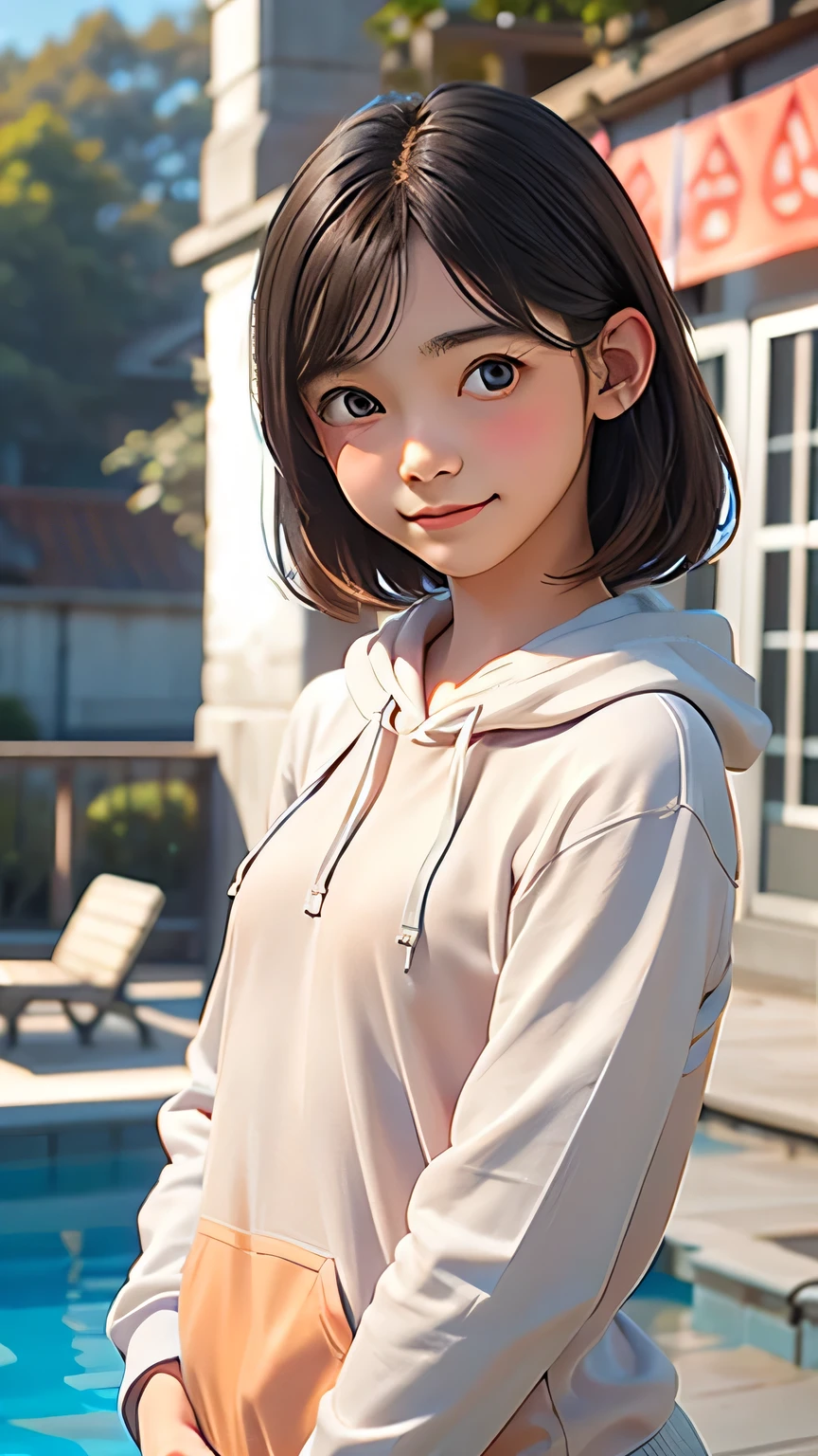 Highest quality、Realistic、girl、、zoom、Orange eyes、Black Hair、Light Blue Hoodie、White lender、Small breasts、An inappropriate smile、Pool、Bust Shot、