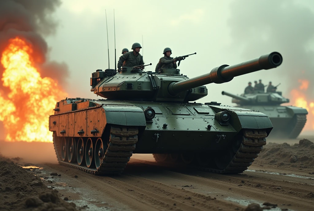 Futuristic armored tanks and accompanying infantry composed of curved surfaces, detailed military vehicles, realistic military uniforms and equipment, dynamic military action scenes, flames burning in the rear, dust and flying debris, cinematic lighting, grim and stagnant atmosphere, conveying the reality of a horrific battlefield, armored combat vehicle close-up,