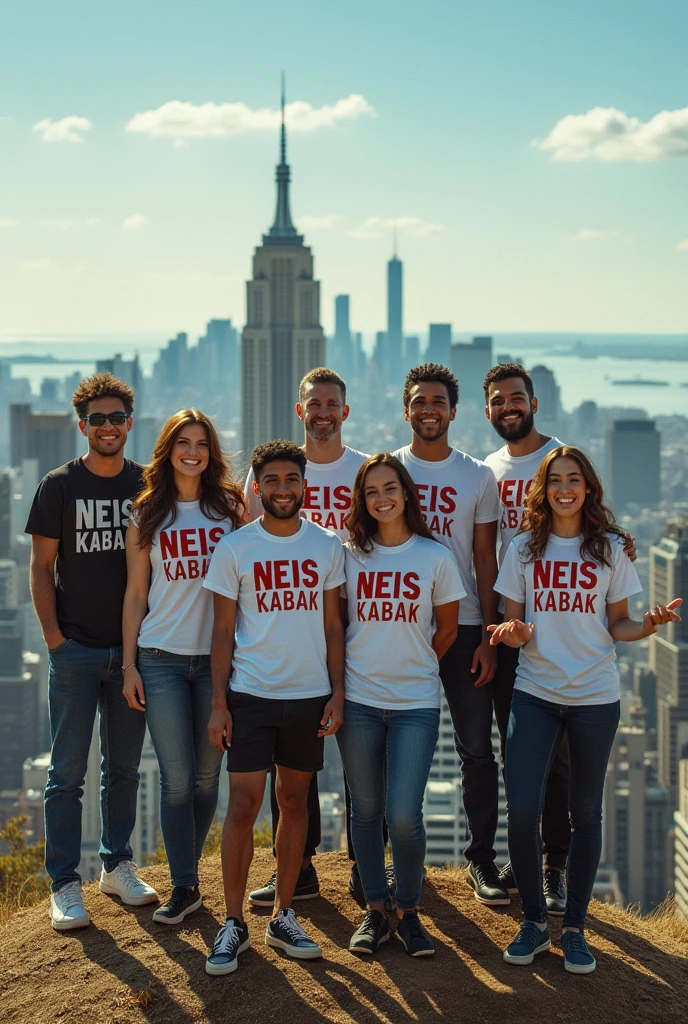 People are standing on the hill of the city and their shirts have NEIS KABAK written on them