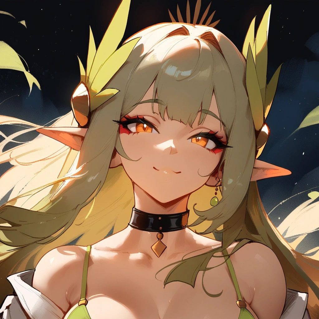 1girl, muelsyse \(arknights\), arknights \\\\\ masterpiece, best quality, very aesthetic, absurdres, newest \\\\\\ simple background, space background. lime bikini, greenery, , orange eyes,elf ears, slim body,///// ,by nyantcha, , cutesexyrobutts,khyle ,,////// 18 years old girl,thin waist ,,solo, , stars, ^_^, portrait, ,detailed face, , bare neck.