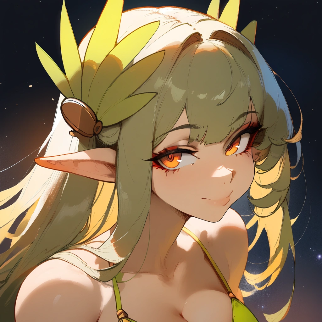 1girl, muelsyse \(arknights\), arknights \\\\\ masterpiece, best quality, very aesthetic, absurdres, newest \\\\\\ simple background, space background. lime bikini, greenery, , orange eyes,elf ears, slim body,///// ,by nyantcha, , cutesexyrobutts,khyle ,,////// 18 years old girl,thin waist ,,solo, , stars, ^_^, portrait, ,detailed face, , bare neck.