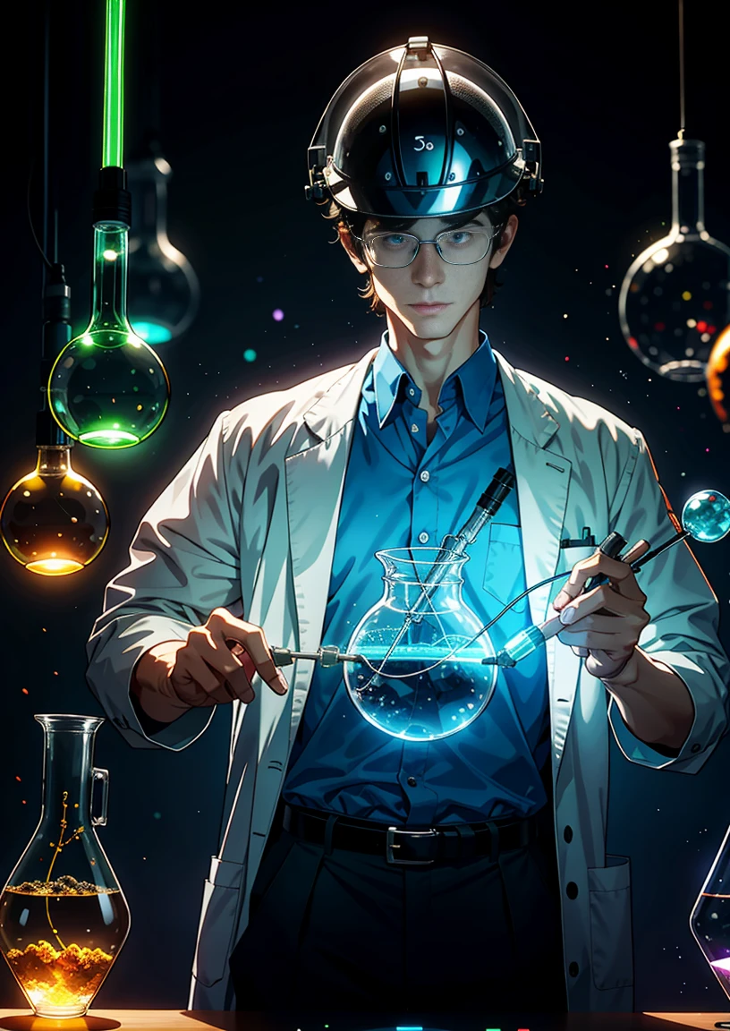 The science teacher wearing a lab coat with glowing test tubes and a helmet that resembles a molecule structure