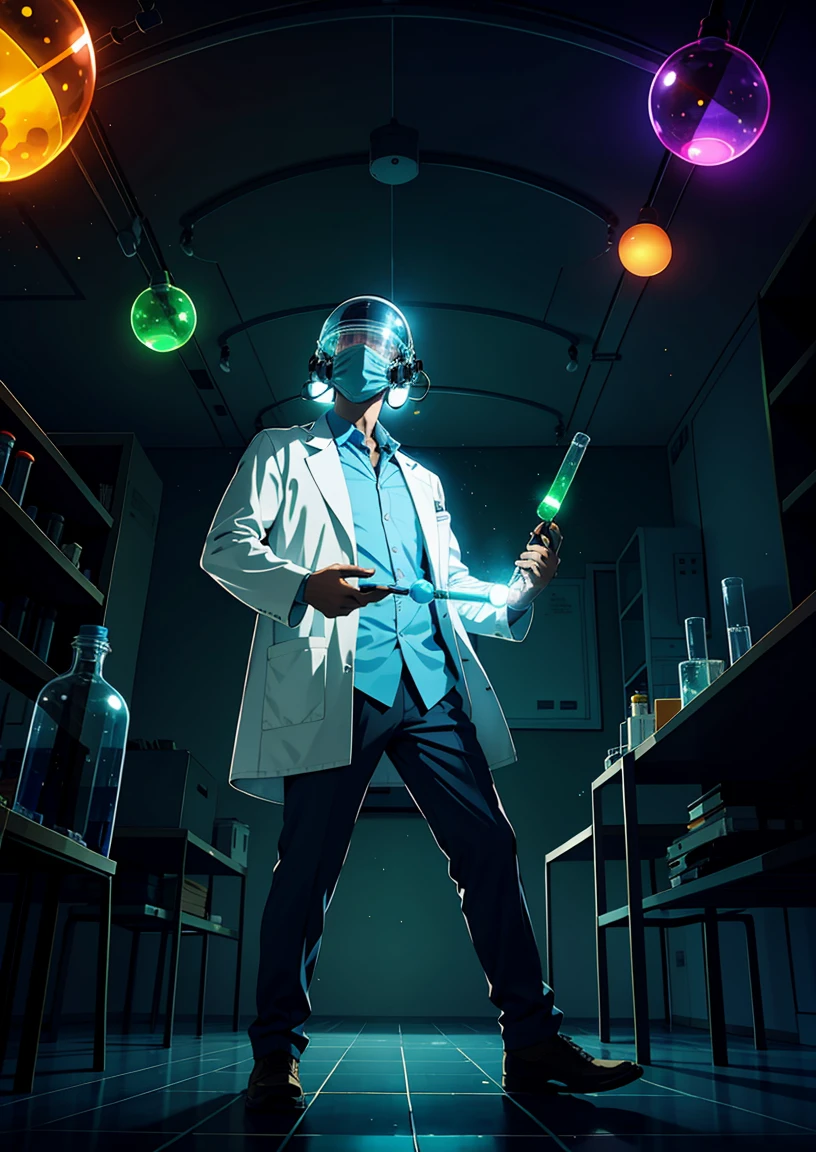 The science teacher wearing a lab coat with glowing test tubes and a helmet that resembles a molecule structure