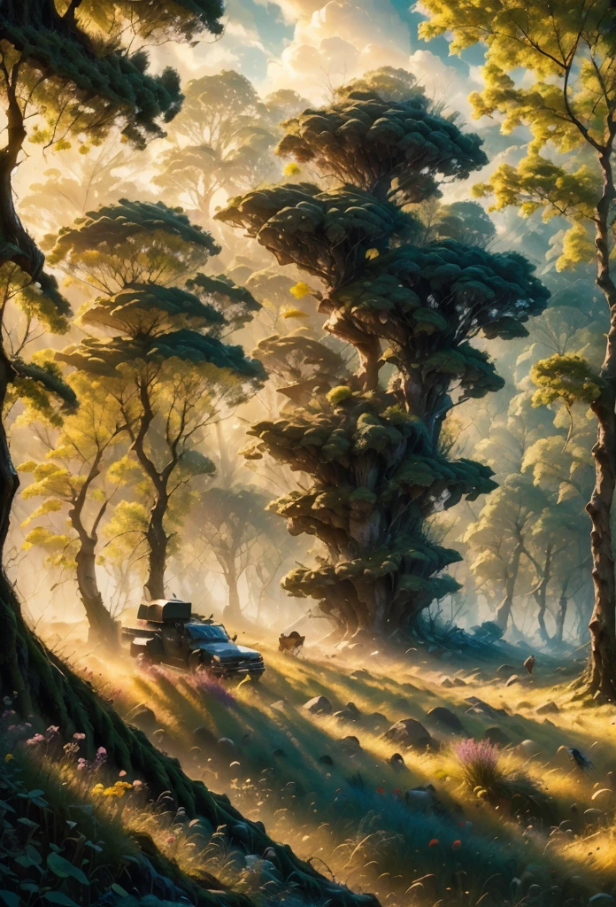 a black armored vehicle, a huge war machine with immense power, advancing relentlessly across a field of enlarged red and yellow flowers, their delicate petals crushed under its treads, a clear blue sky overhead contrasting with dark, foreboding clouds, lush green trees in the background, white doves taking flight in the distance, cinematic lighting casting dramatic shadows, a masterpiece of technical and artistic mastery, the highest quality imaginable