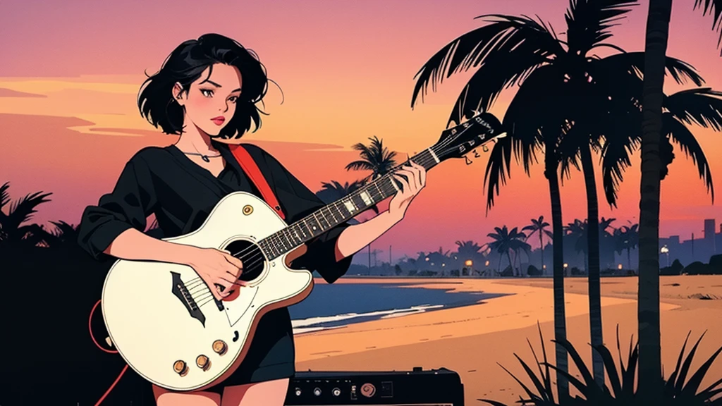 A girl playing guitar at dusk. Retro Girl, Miami, sunset, Ferrari, Palm tree, the 90s, (Flat Color, flat texture, Line art:1.2), Graphical Design, (Dark ink, Ink Black), 