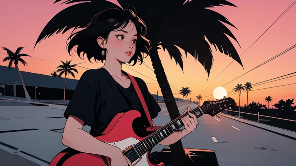A girl playing guitar at dusk. Retro Girl, Miami, sunset, Ferrari, Palm tree, the 90s, (Flat Color, flat texture, Line art:1.2), Graphical Design, (Dark ink, Ink Black), 