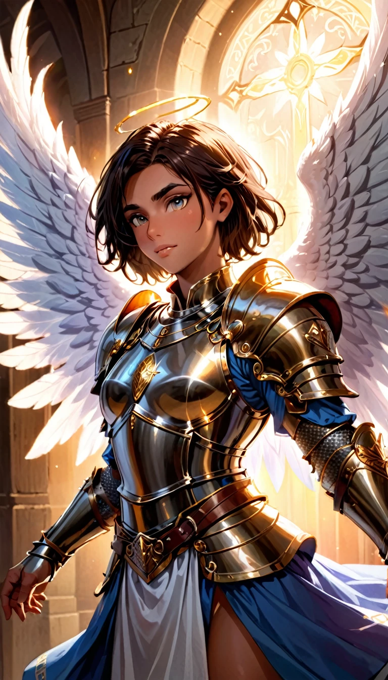 dungeons and dragons, character design, best quality, masterpiece, extremely detailed, 30 year old, masculine, celestial being, male aasimar, short middle parting hair, protector paladin, massive angel wings, ornate heavy plate armor, flowy tabard, majestic word, majestic shield, soft lighting, dreamy atmosphere, perfect face, perfect hands, perfection