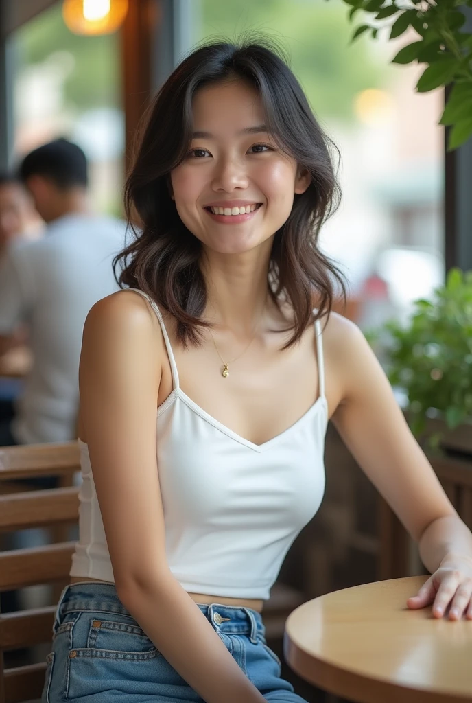 Ultra-high resolution,photograph,Highest quality,photographのようなHighest quality,Japanese,Beauty,woman,beautiful girl,Freshman,Age 25,Beautiful Face,Cute Face,Smile,Beautiful Hair,,Fair skin,Beautiful legs,Beautiful thighs,full body,White sleeveless,Skinny jeans,Beautiful arms,Open Cafe