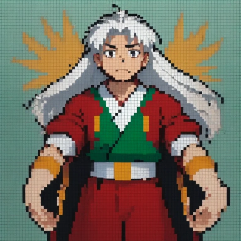 Pixel,masterpiece,best quality, inuyasha, white hair, red kimono