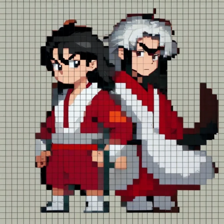 Pixel,masterpiece,best quality, inuyasha, white hair, red kimono