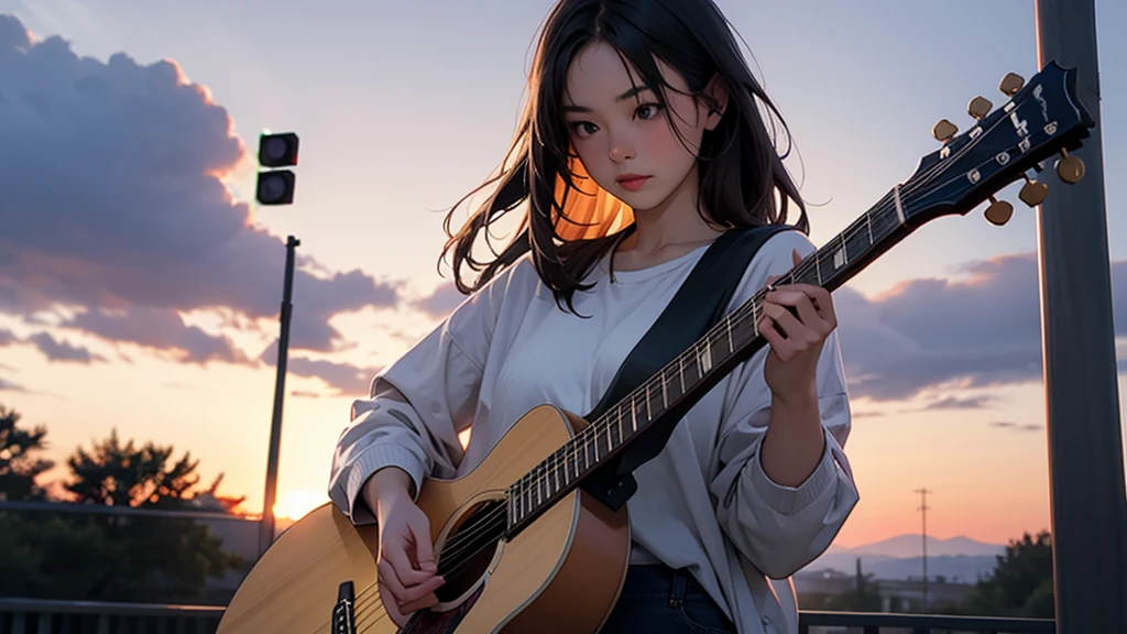 A girl playing guitar at dusk