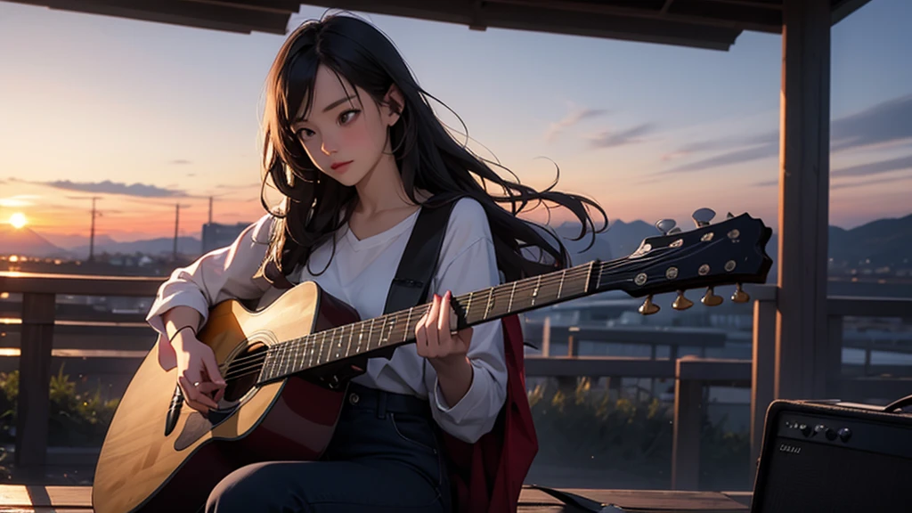 A girl playing guitar at dusk