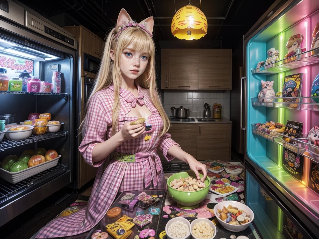 Cute blonde teenage girl wearing clothes coming out of a refrigerator, glowing magic mushrooms growing on a shelf, cyber geisha in an oversized pink and green checkered dress, zebra print, color blocking, checkerboard floor, cat bowls with food on the floor, open refrigerator, view from the fridge, retro technology, cyberpunk art, kawaii, line art, Behance contest winner, psychedelic art, anime aesthetic, maximalist, psychedelic, anime aesthetic, Japanese pop art, graphic novel, comic book style, Ultra-HD, HDR, refreshing, incredibly detailed and intricate, hypermaximalist, elegant, ornate, hyperrealistic, super detailed