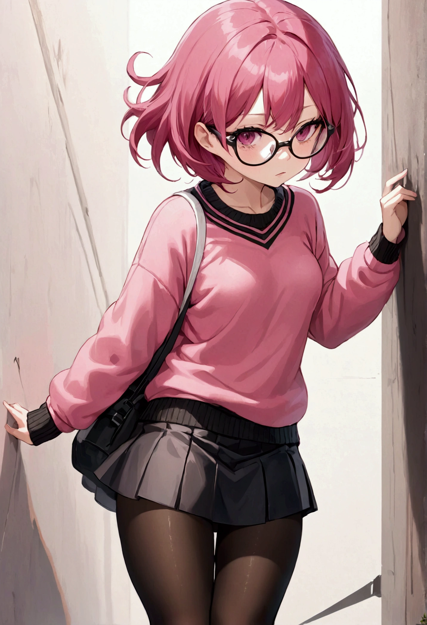 pink hair black glasses pink eyes extremely blushed a big pink sweater short black skirt black stockings white tennis shoes that is a reserved girl stuck to a wall grabbing the butt 