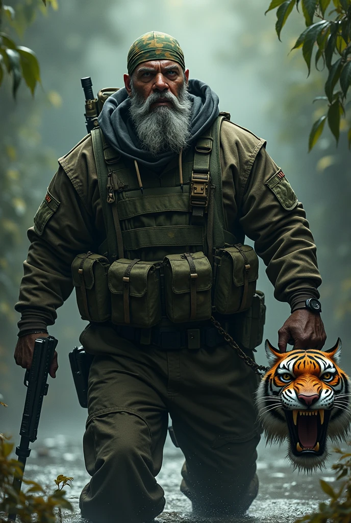 (a dark-skinned fat muscular bearded old man in camouflage diver suit) carrying a gun in right hand, (carrying realistic roaring tiger mask in left hand), (wearing army camouflage bandana), dynamic action pose, fierce expression, showcasing an imposing stature, surrounded by military elements, dramatic shadows and intense highlights, cinematic color tones, high detail, powerful, art influenced by Bruce Onobrakpeya and Stanley Artgerm, ultra-detailed, best quality image, action-packed atmosphere. fighting stance. patrolling in a swamp